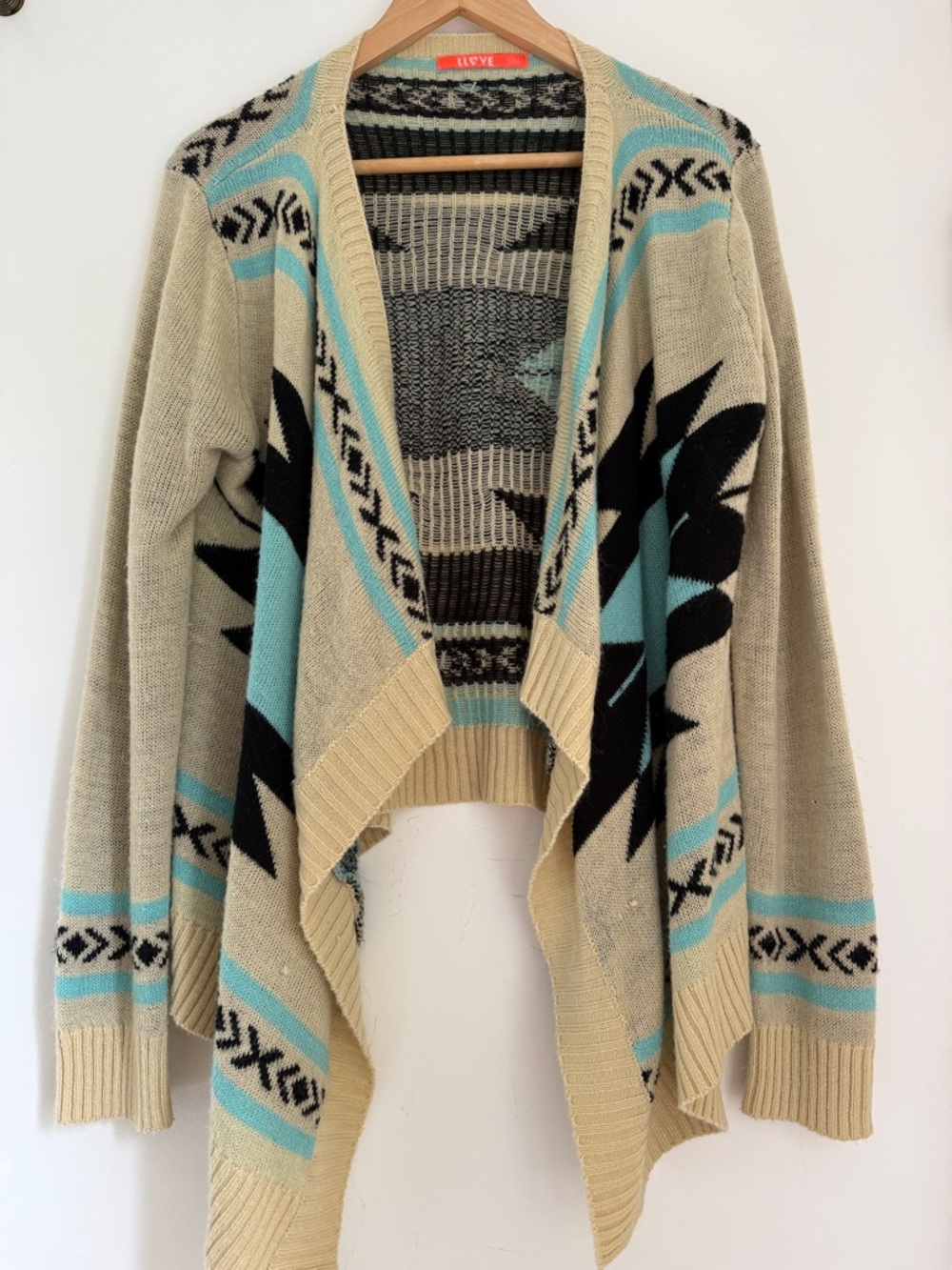 I Love Light Beige Aztec-Pattern Open Front Sweater Cardigan -